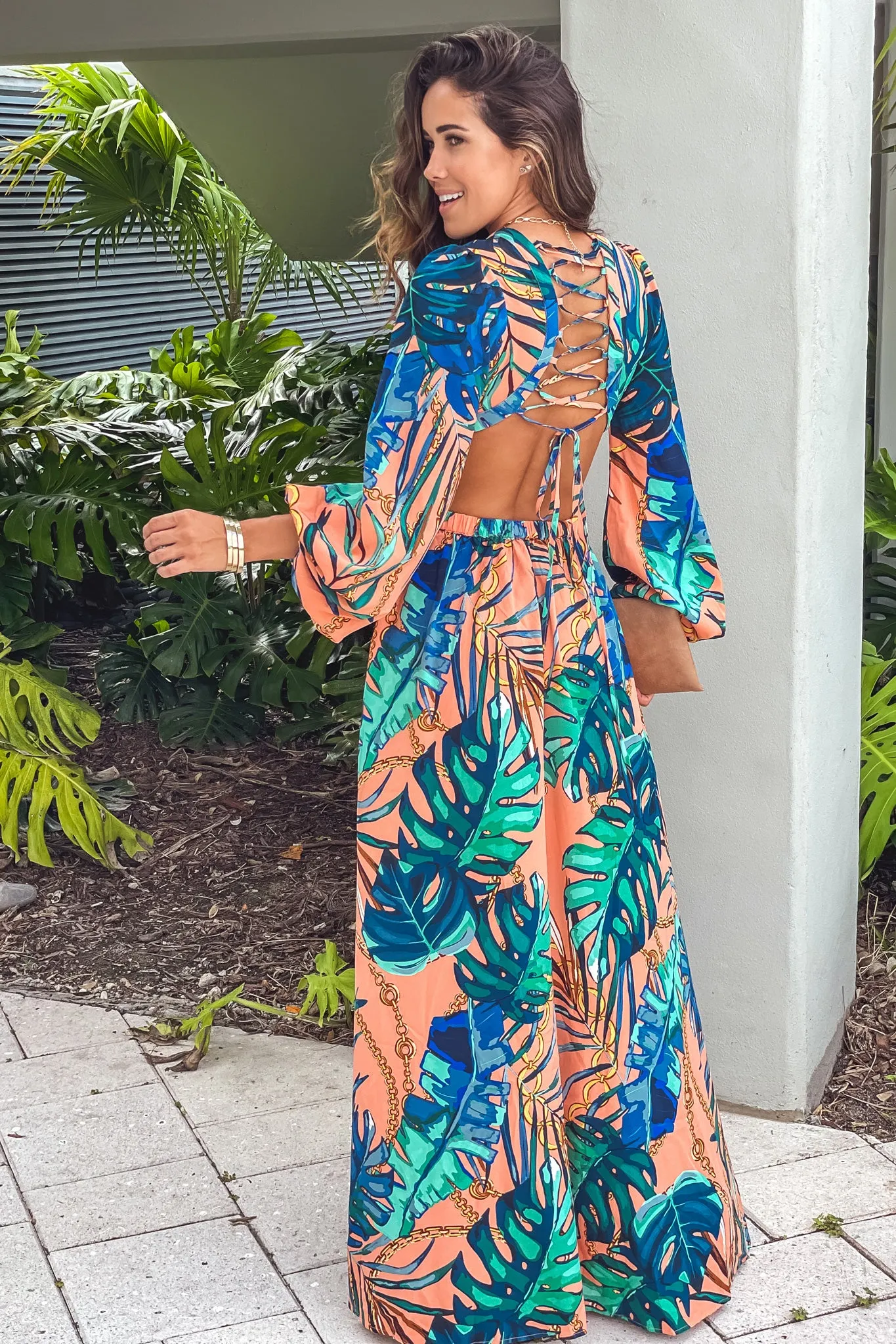 Peach Printed Maxi Dress With Cut Out