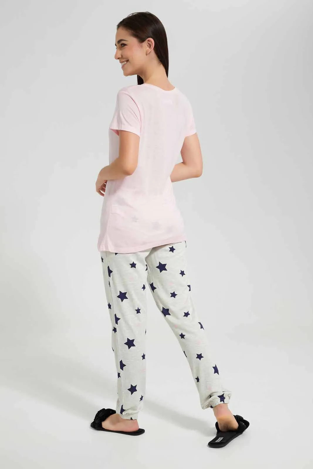 Pink And White Printed Pyjama Set (2 Piece)