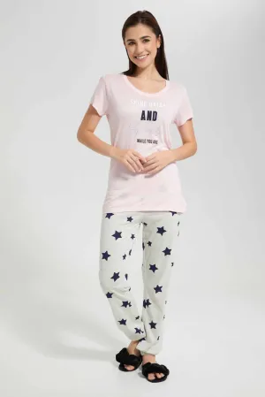 Pink And White Printed Pyjama Set (2 Piece)