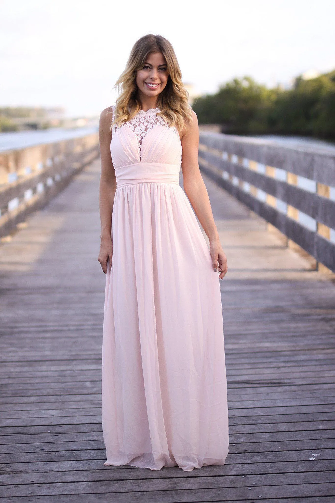 Pink Maxi Dress with Pleated Lace Top