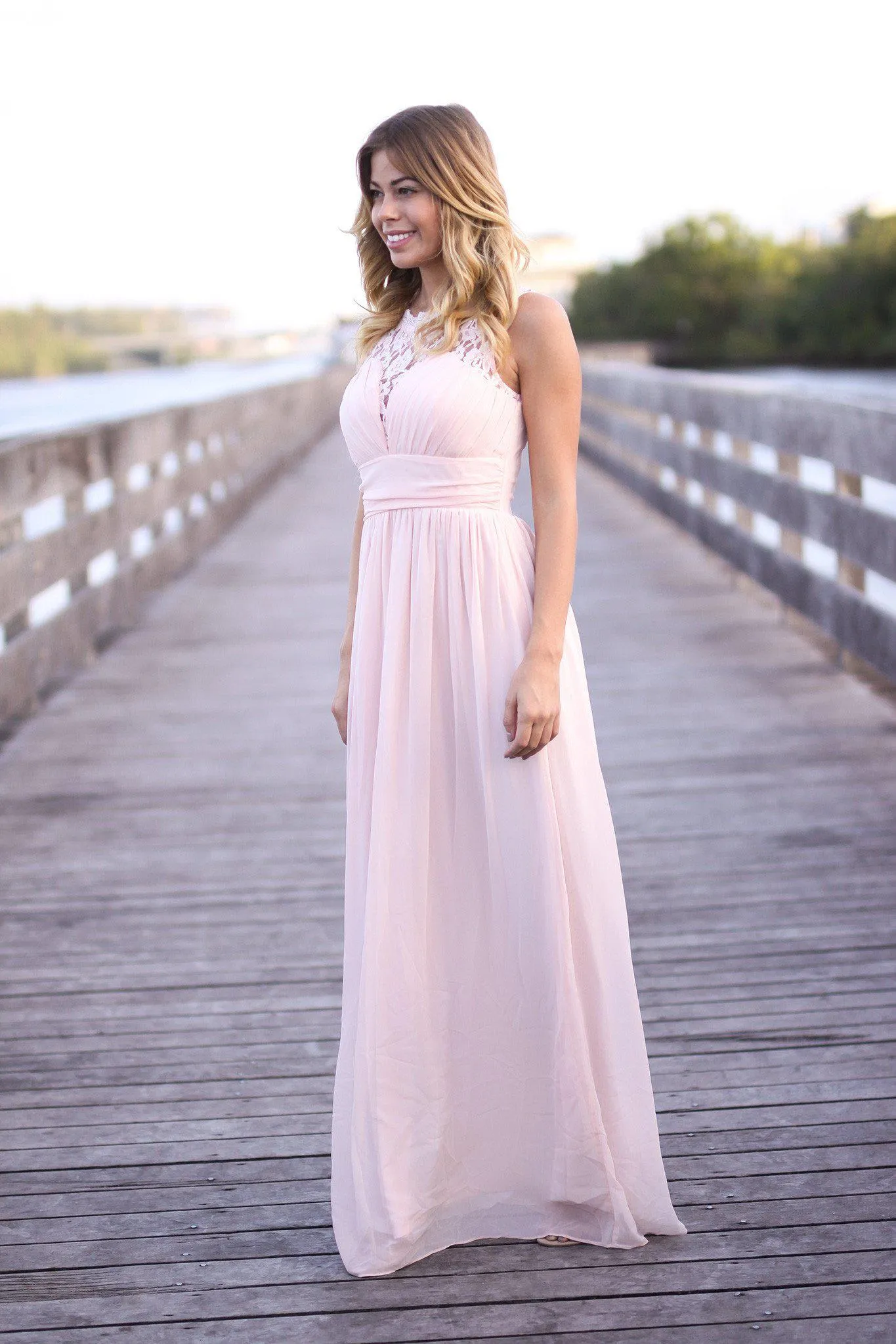 Pink Maxi Dress with Pleated Lace Top