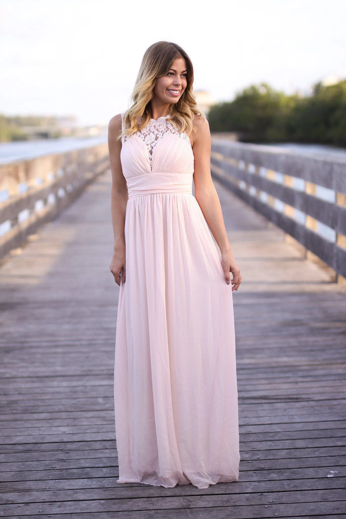 Pink Maxi Dress with Pleated Lace Top