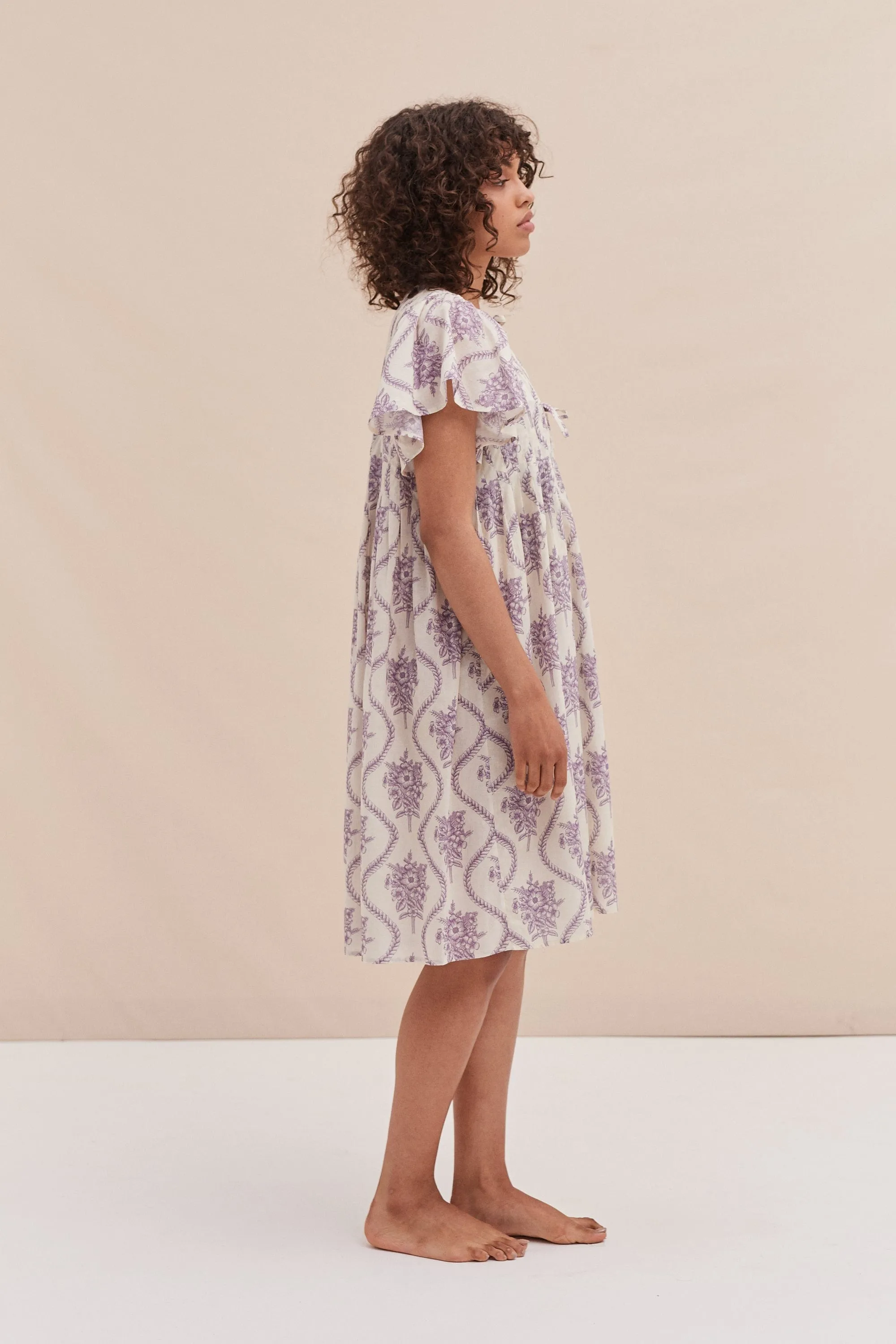 Pleated Nightie Alpen Flora Print Cream and Violet