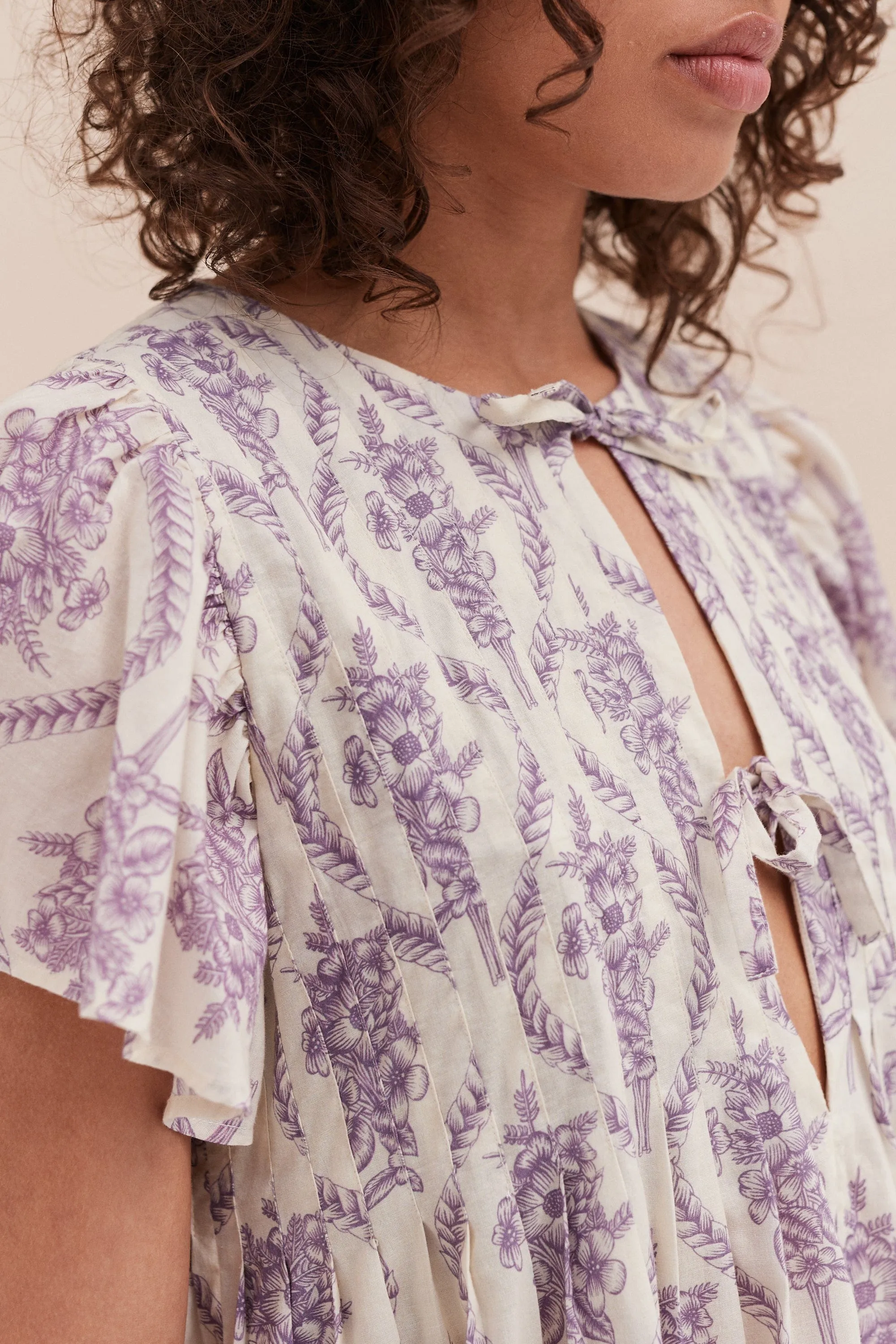 Pleated Nightie Alpen Flora Print Cream and Violet