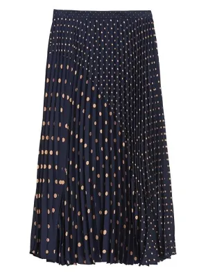 Polka Dot Pleated Midi Skirt in Navy & Beige Polka Dot