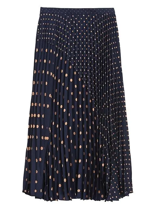 Polka Dot Pleated Midi Skirt in Navy & Beige Polka Dot