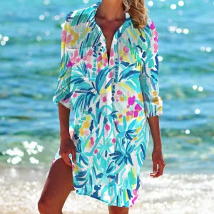 Printed Long Sleeve Beach Shirt Dress