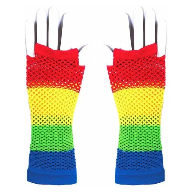 Rainbow Fishnet Fingerless Gloves