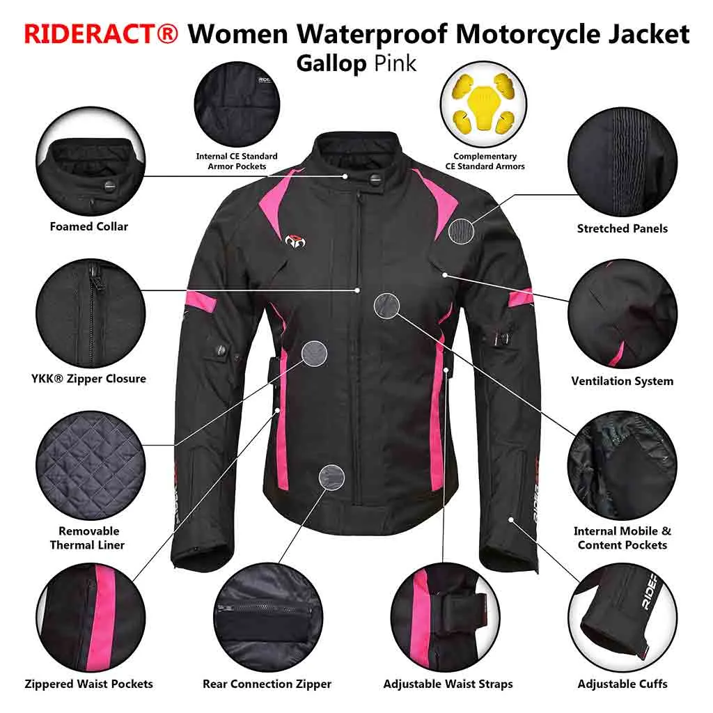 RIDERACT® Women Waterproof Motorcycle Jacket Gallop Pink