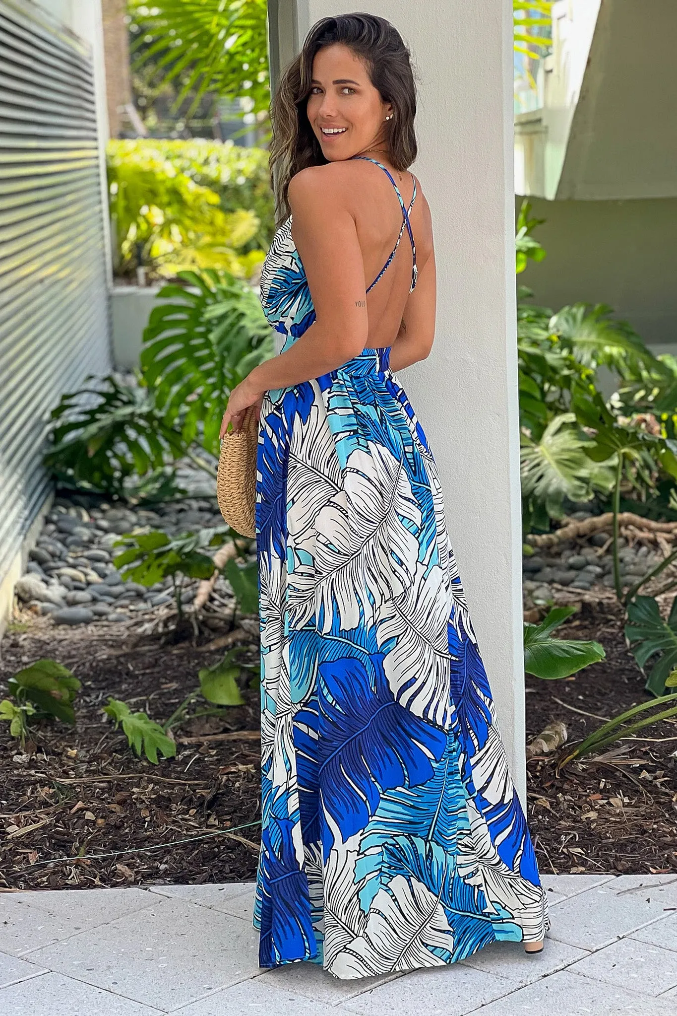 Royal Blue Printed V-Neck Maxi Dress