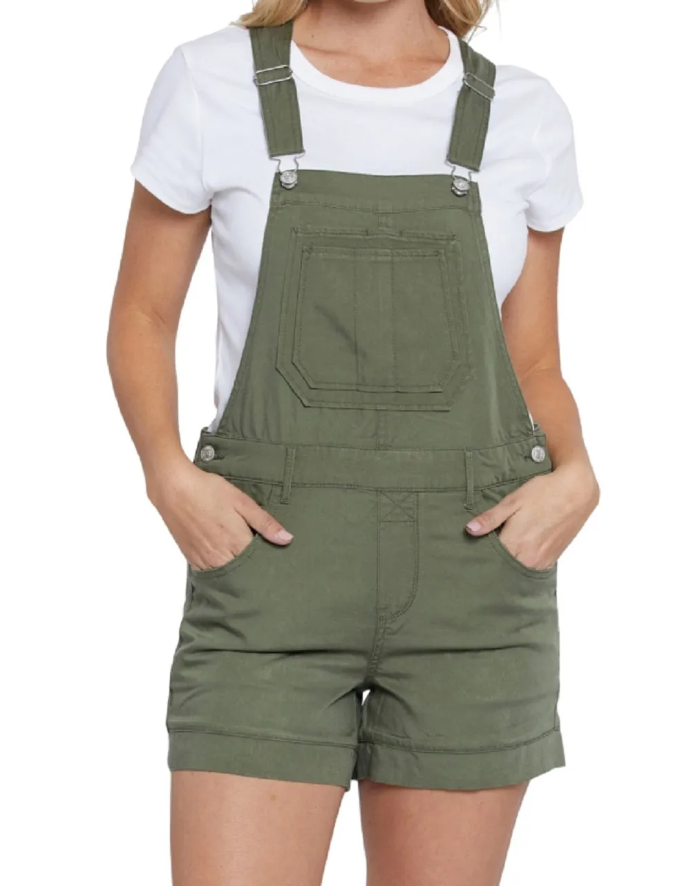 Seven7 Women's Pocketed Adjustable Bib Shortalls Sleeveless Square Neck Romper Green Size Small