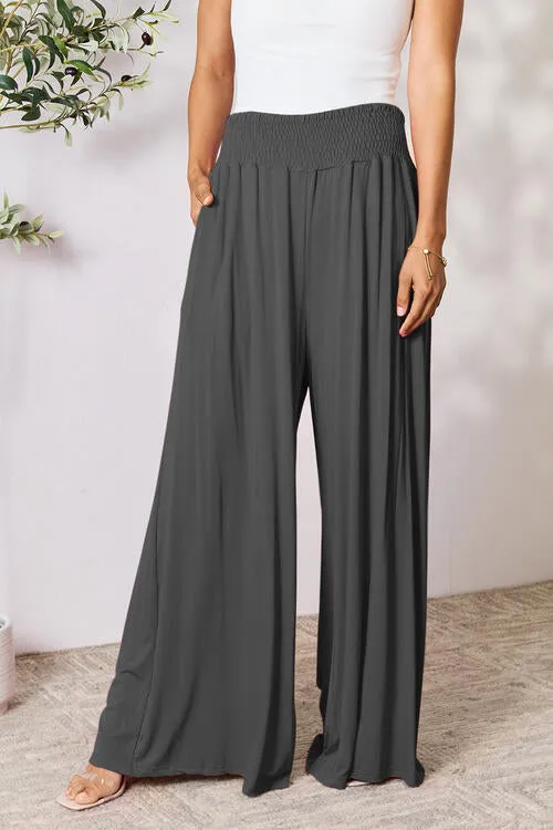 Smocked Wide Waistband Wide Leg Pants