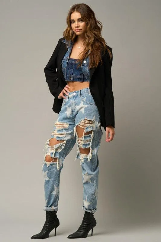 Star Print Ripped Slouchy Jeans