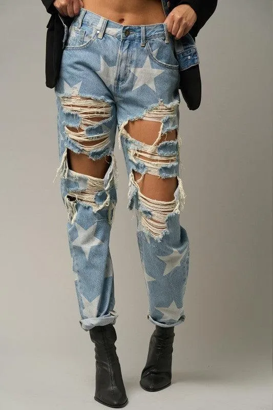 Star Print Ripped Slouchy Jeans