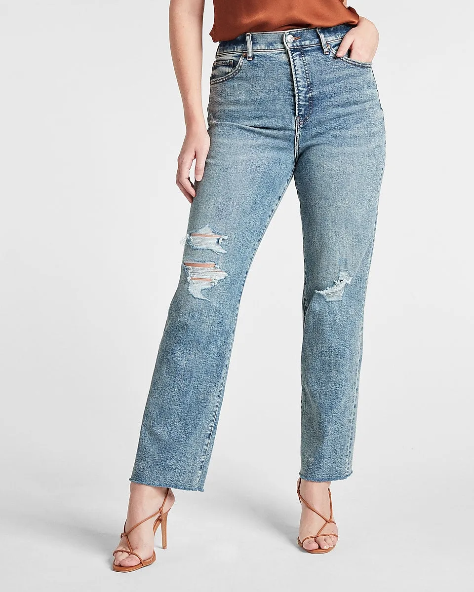 Super High Waisted Medium Wash Ripped Modern Straight Jeans in Medium Wash