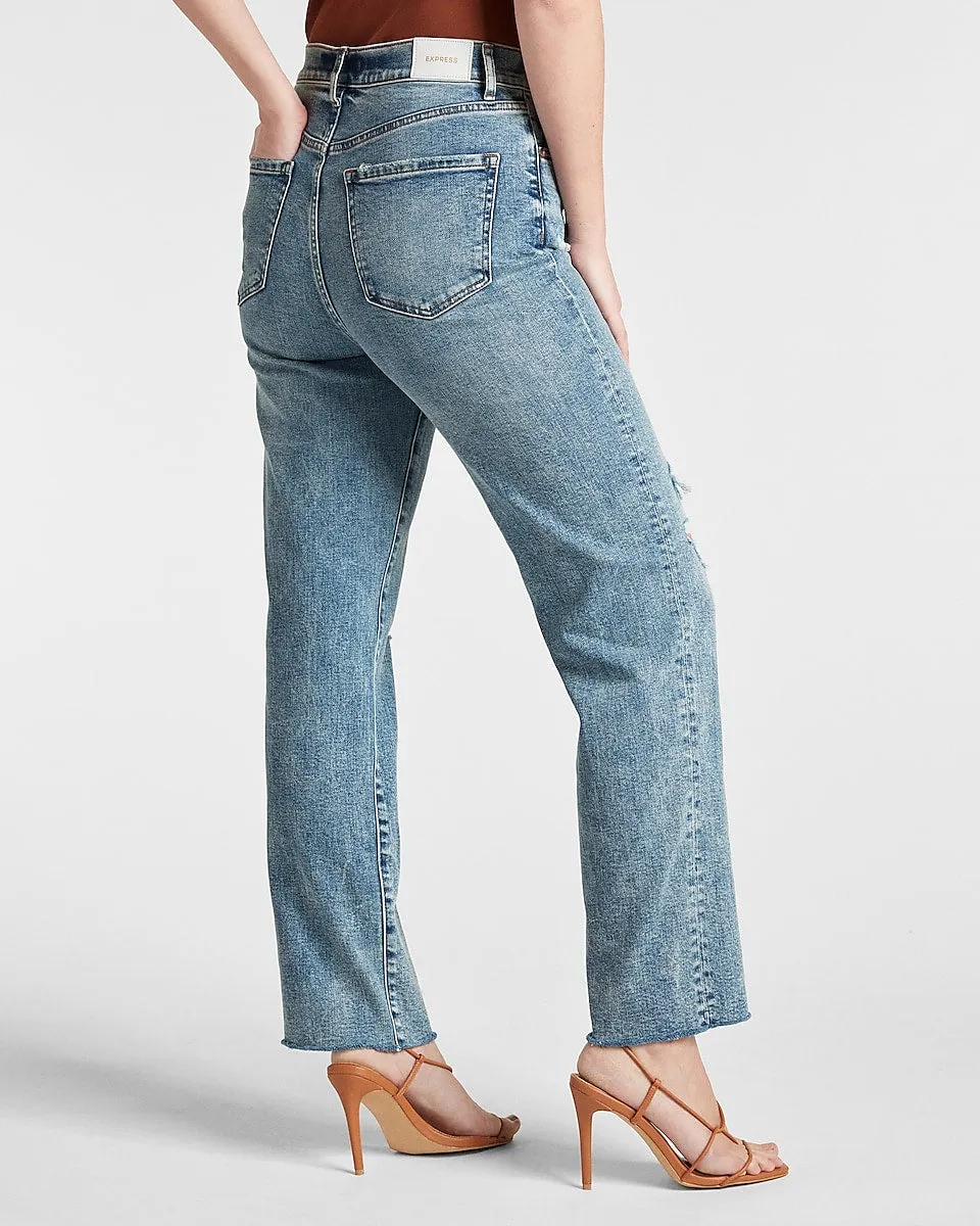 Super High Waisted Medium Wash Ripped Modern Straight Jeans in Medium Wash