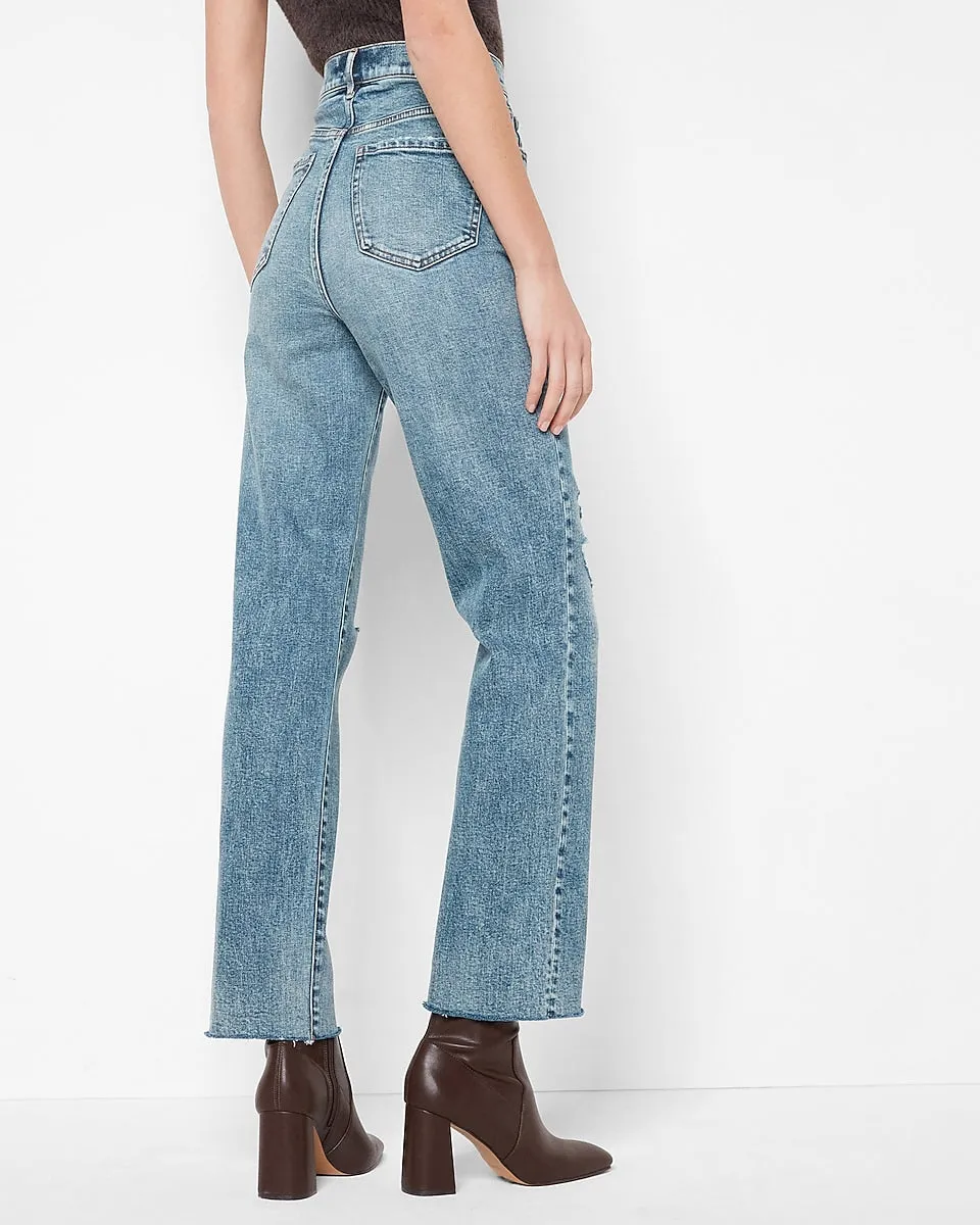 Super High Waisted Medium Wash Ripped Modern Straight Jeans in Medium Wash