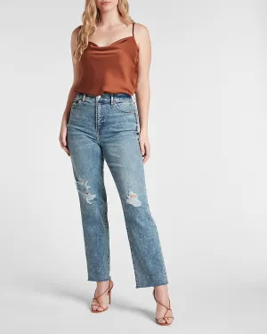 Super High Waisted Medium Wash Ripped Modern Straight Jeans in Medium Wash