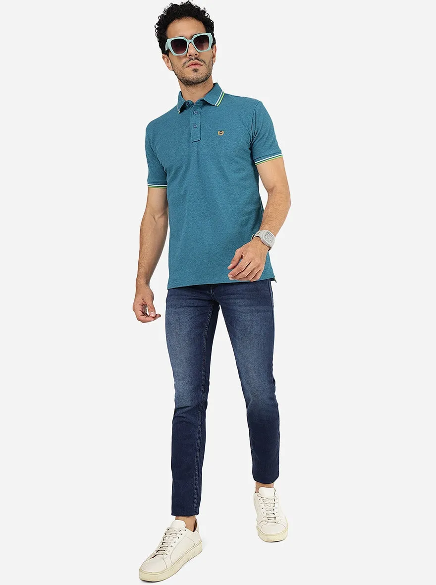 Teal Blue Solid Slim Fit Polo T-Shirt | JadeBlue