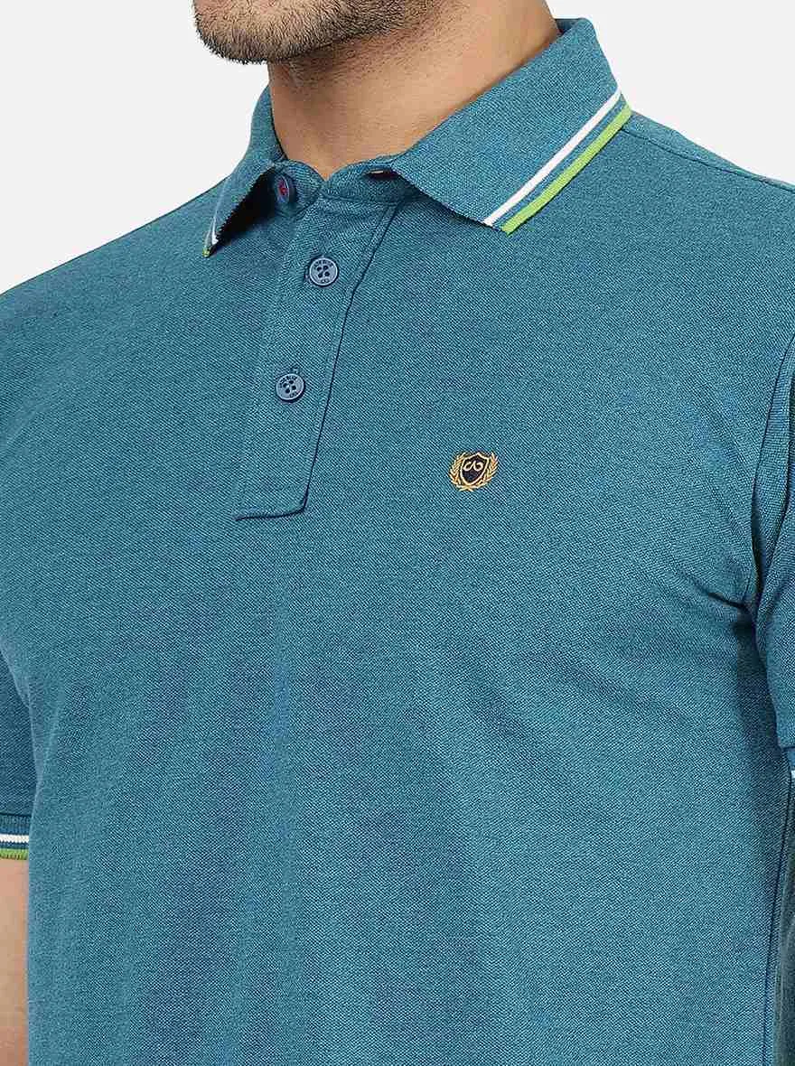 Teal Blue Solid Slim Fit Polo T-Shirt | JadeBlue