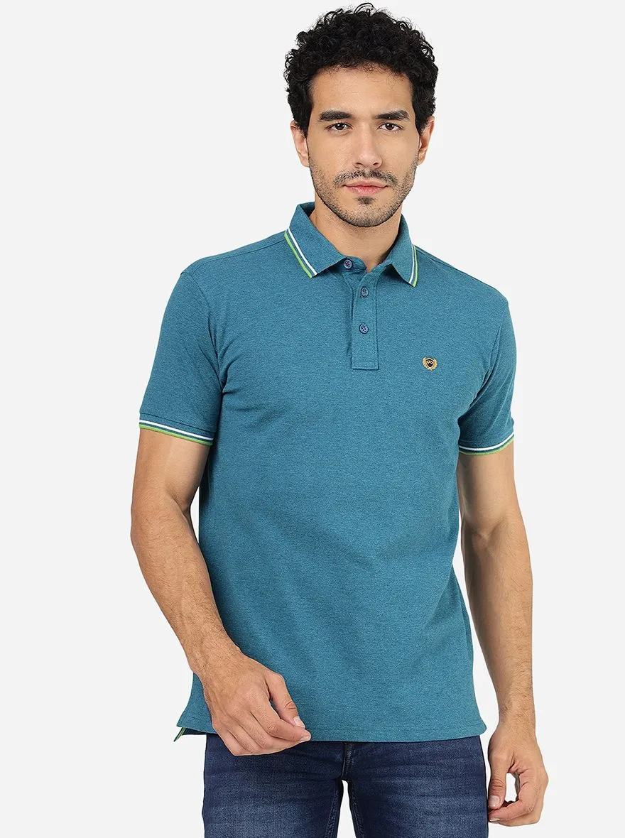 Teal Blue Solid Slim Fit Polo T-Shirt | JadeBlue