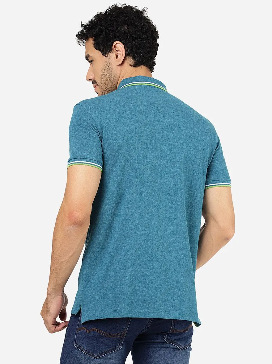 Teal Blue Solid Slim Fit Polo T-Shirt | JadeBlue