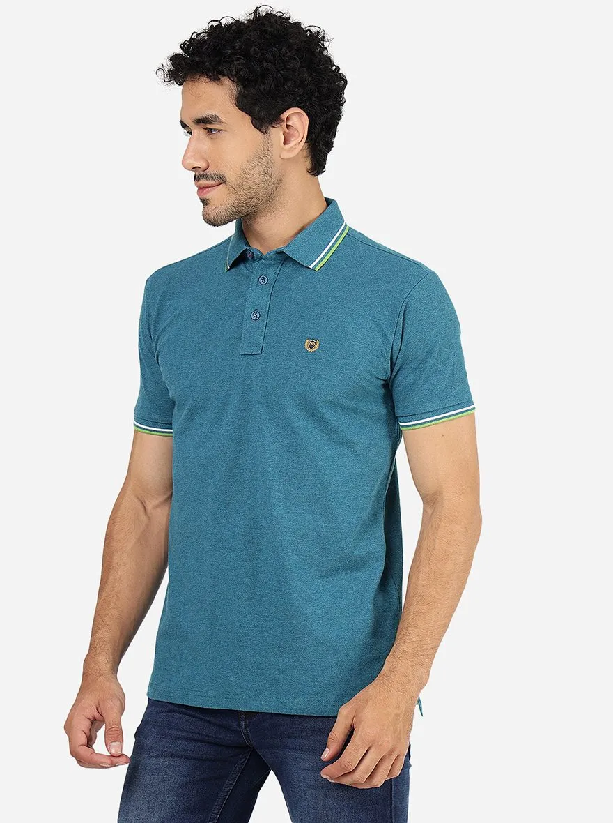 Teal Blue Solid Slim Fit Polo T-Shirt | JadeBlue