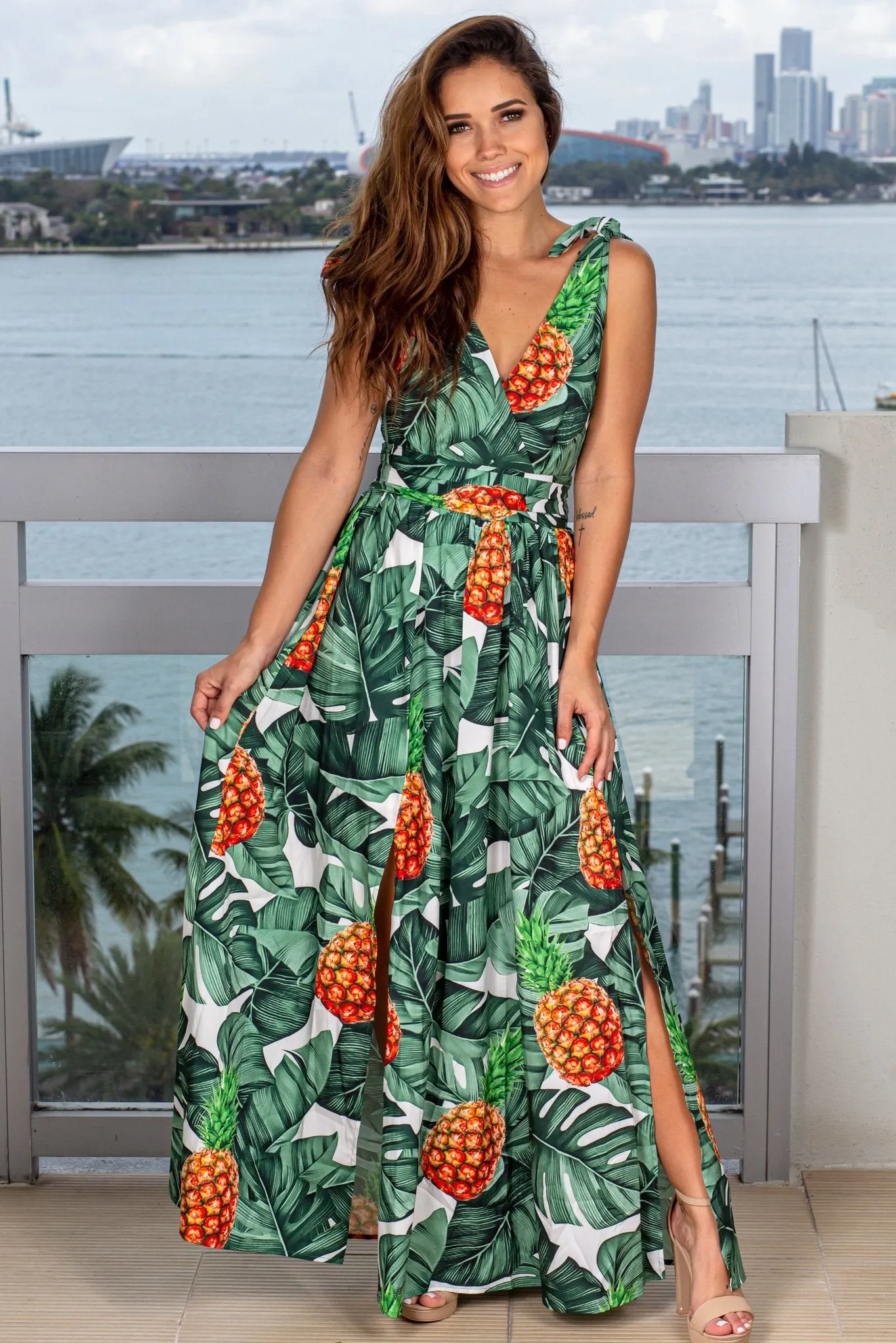 Tropical Printed Maxi Dress with Slits