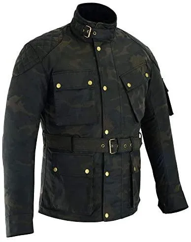 Warrior Gears® Men's Camo Waxed Cotton Motorcycle Jacket, Motorbike Top | Waterproof Lined | CE Armoured