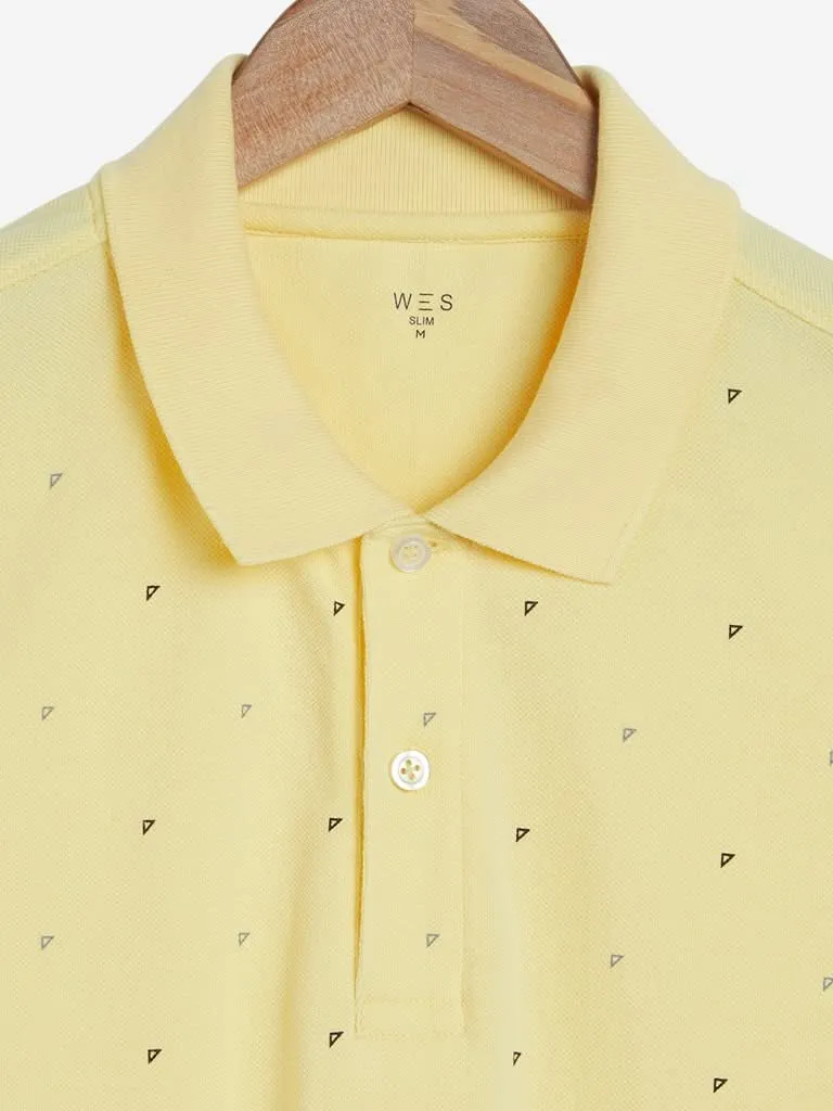 WES Casuals Yellow Printed Slim Fit Polo T-Shirt