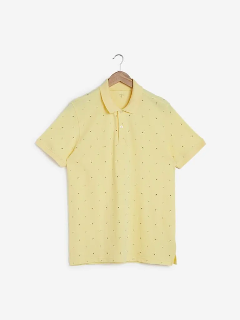 WES Casuals Yellow Printed Slim Fit Polo T-Shirt