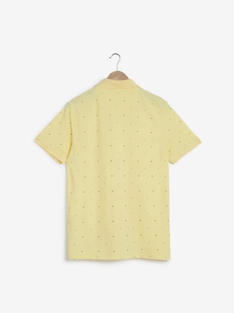 WES Casuals Yellow Printed Slim Fit Polo T-Shirt