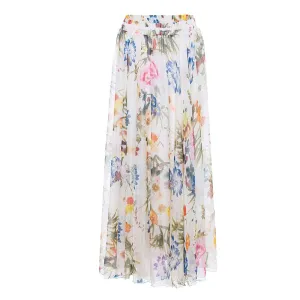 White Pink Floral Pleated Maxi Skirt