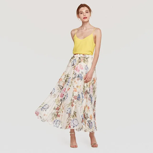 White Pink Floral Pleated Maxi Skirt