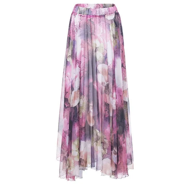 White Pink Floral Pleated Maxi Skirt