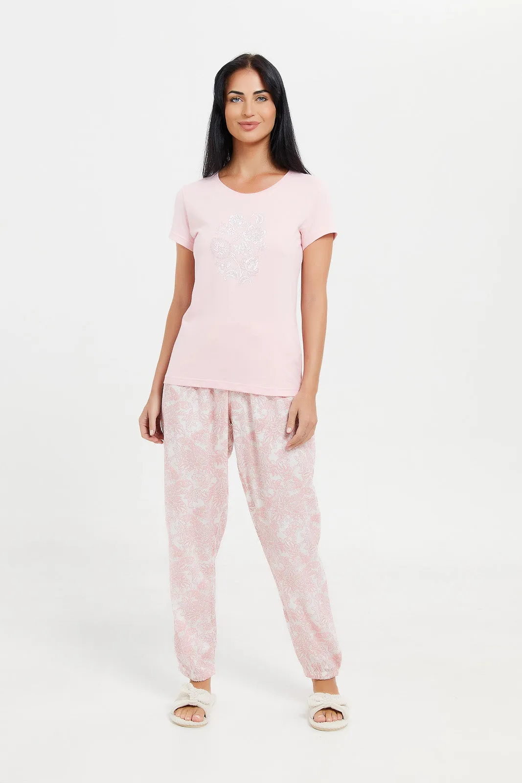 Women Pink Printed Pajama Set (2 Piece)