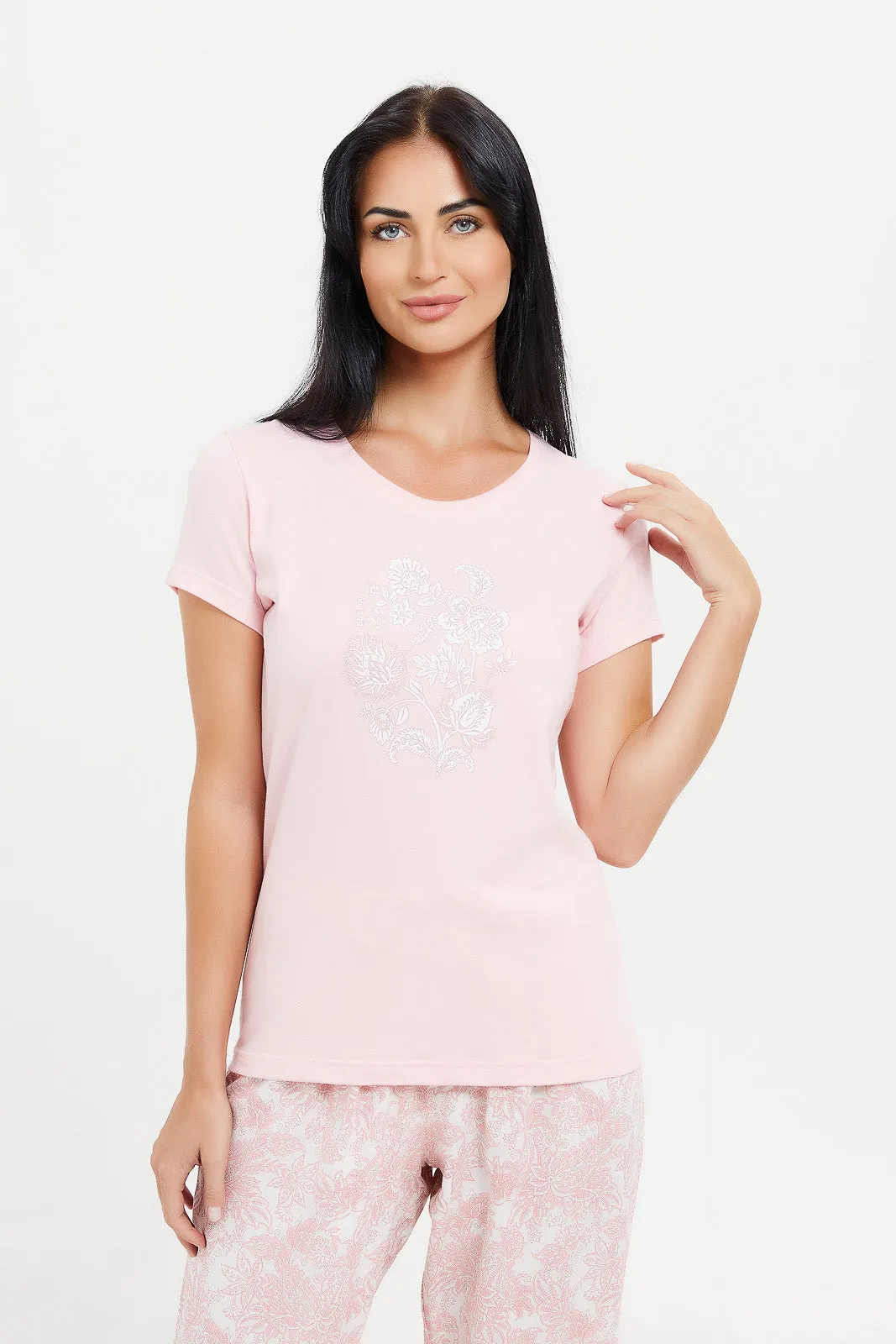 Women Pink Printed Pajama Set (2 Piece)