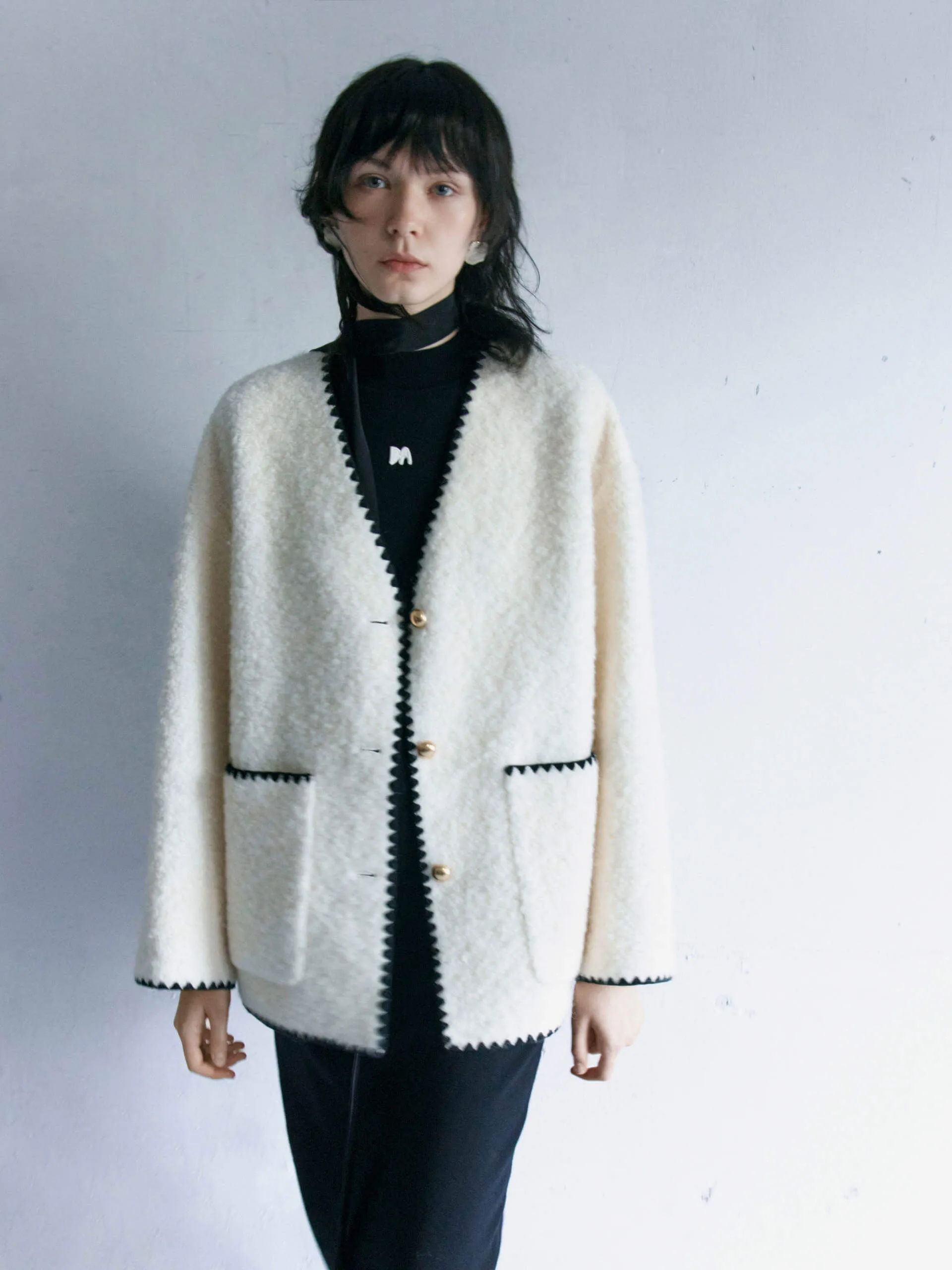 Wool Blend Boucle Knit Cardigan