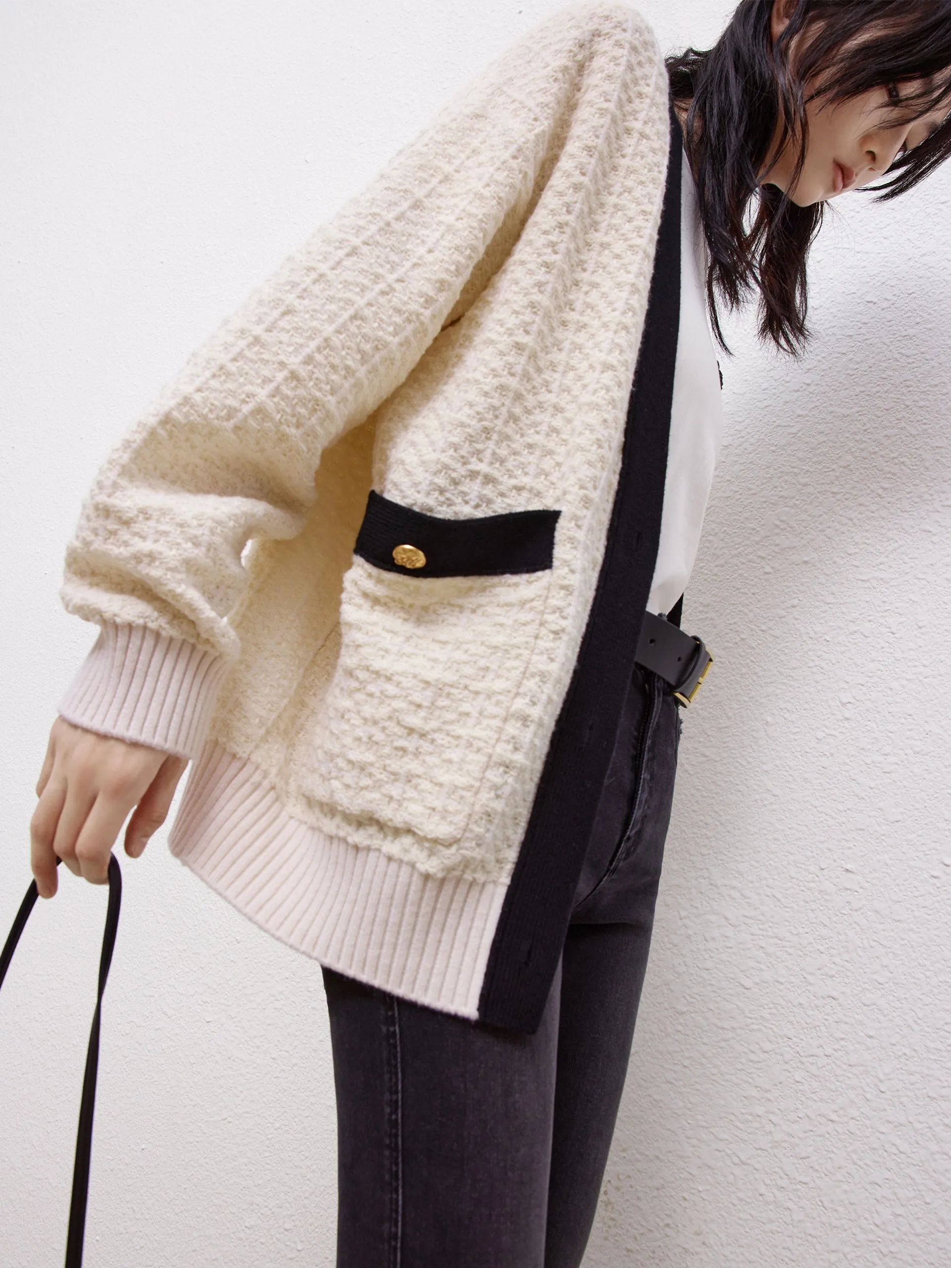 Wool Blend Textured Contrast Cardigan