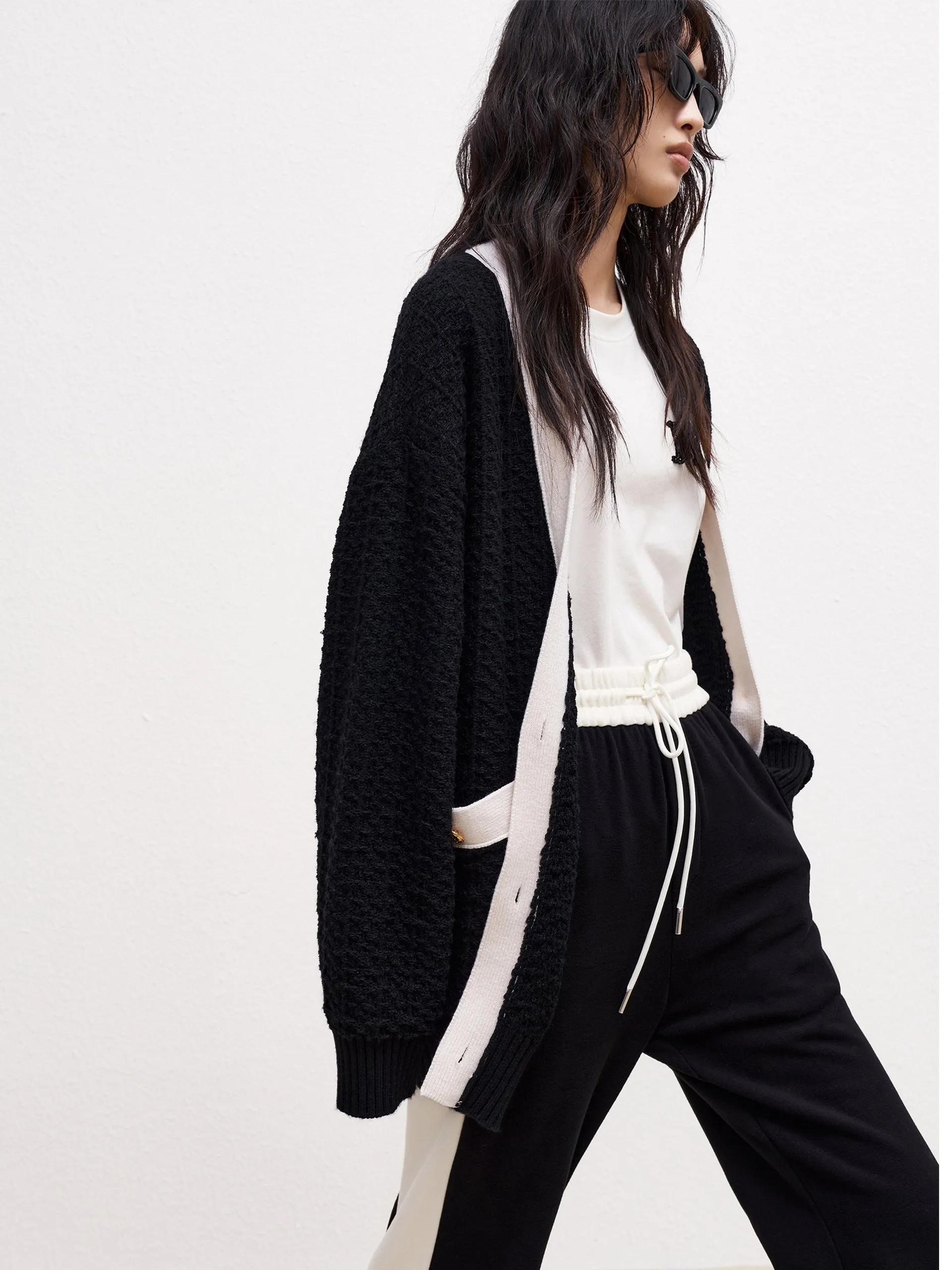 Wool Blend Textured Contrast Cardigan