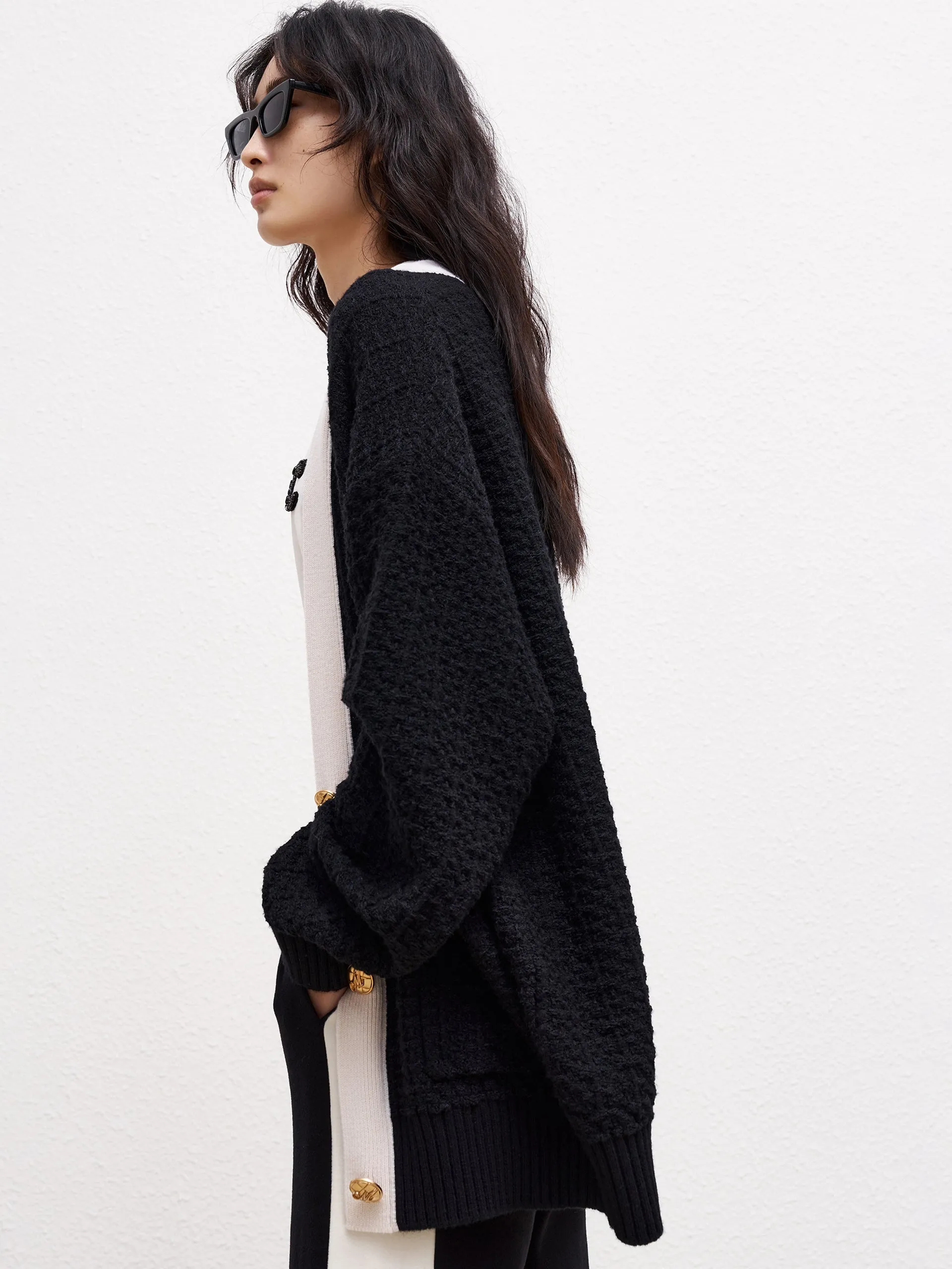 Wool Blend Textured Contrast Cardigan