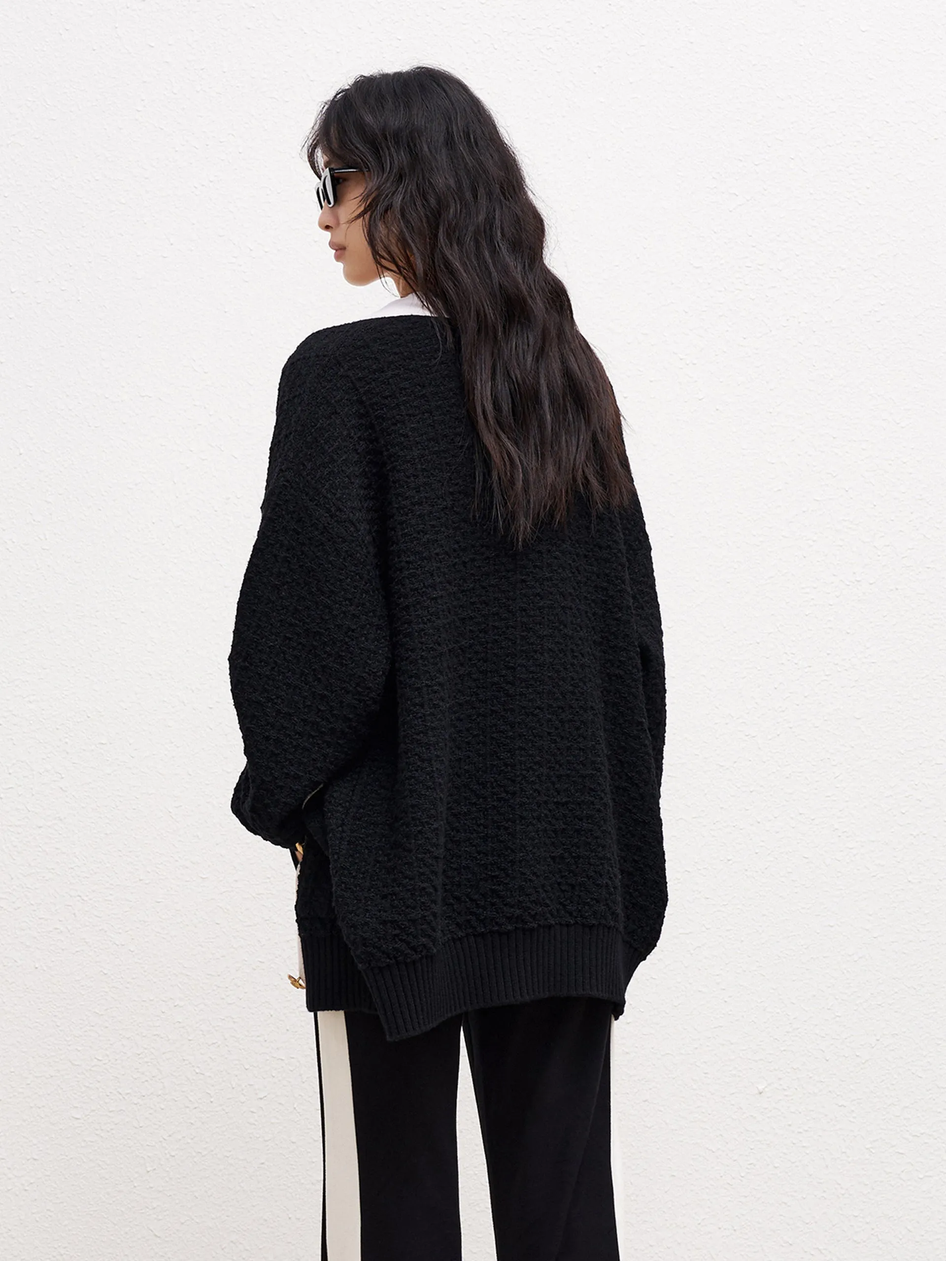 Wool Blend Textured Contrast Cardigan