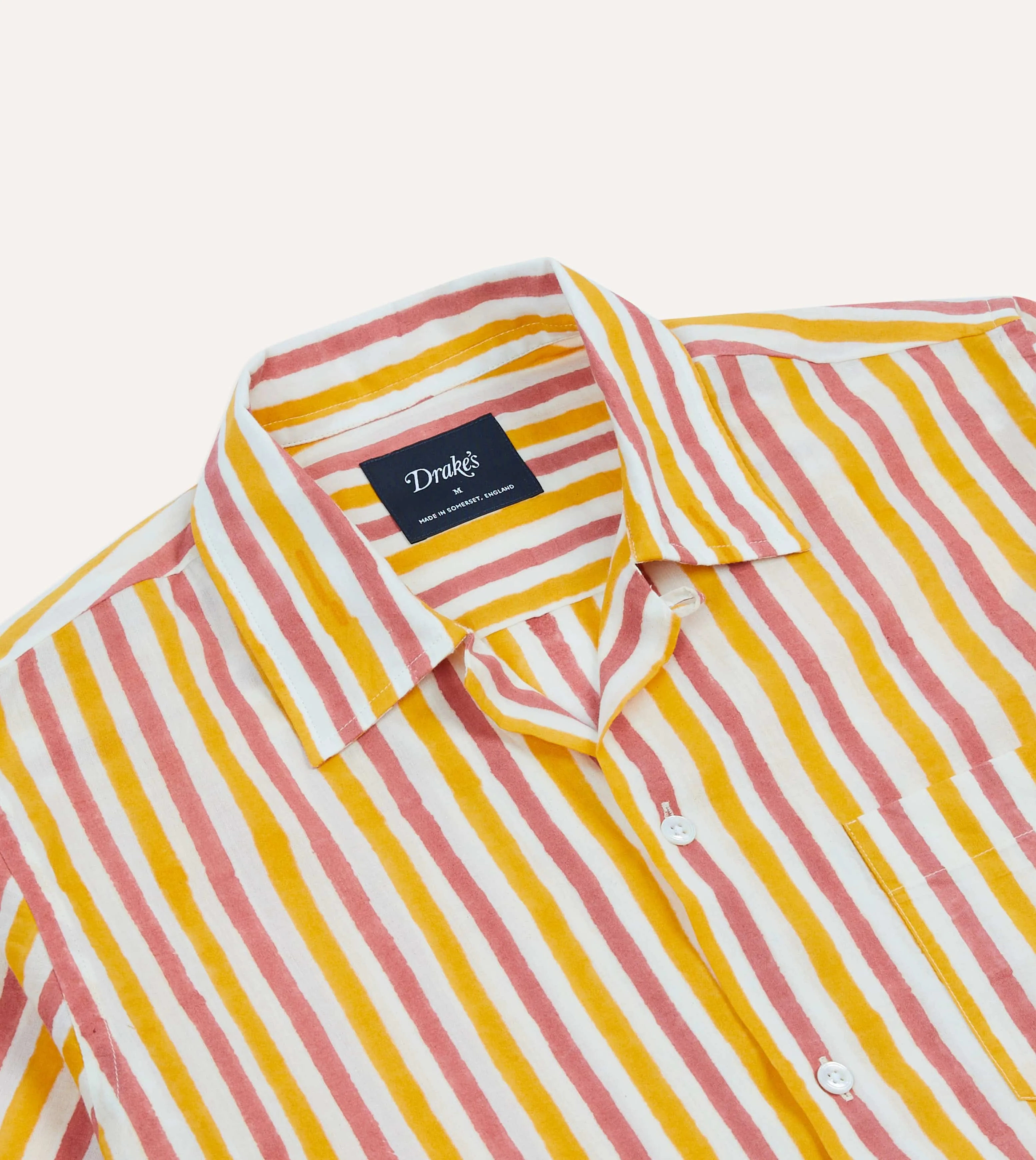 Yellow and Pink Stripe Block Print Cotton Camp Collar Short Sleeve Shirt